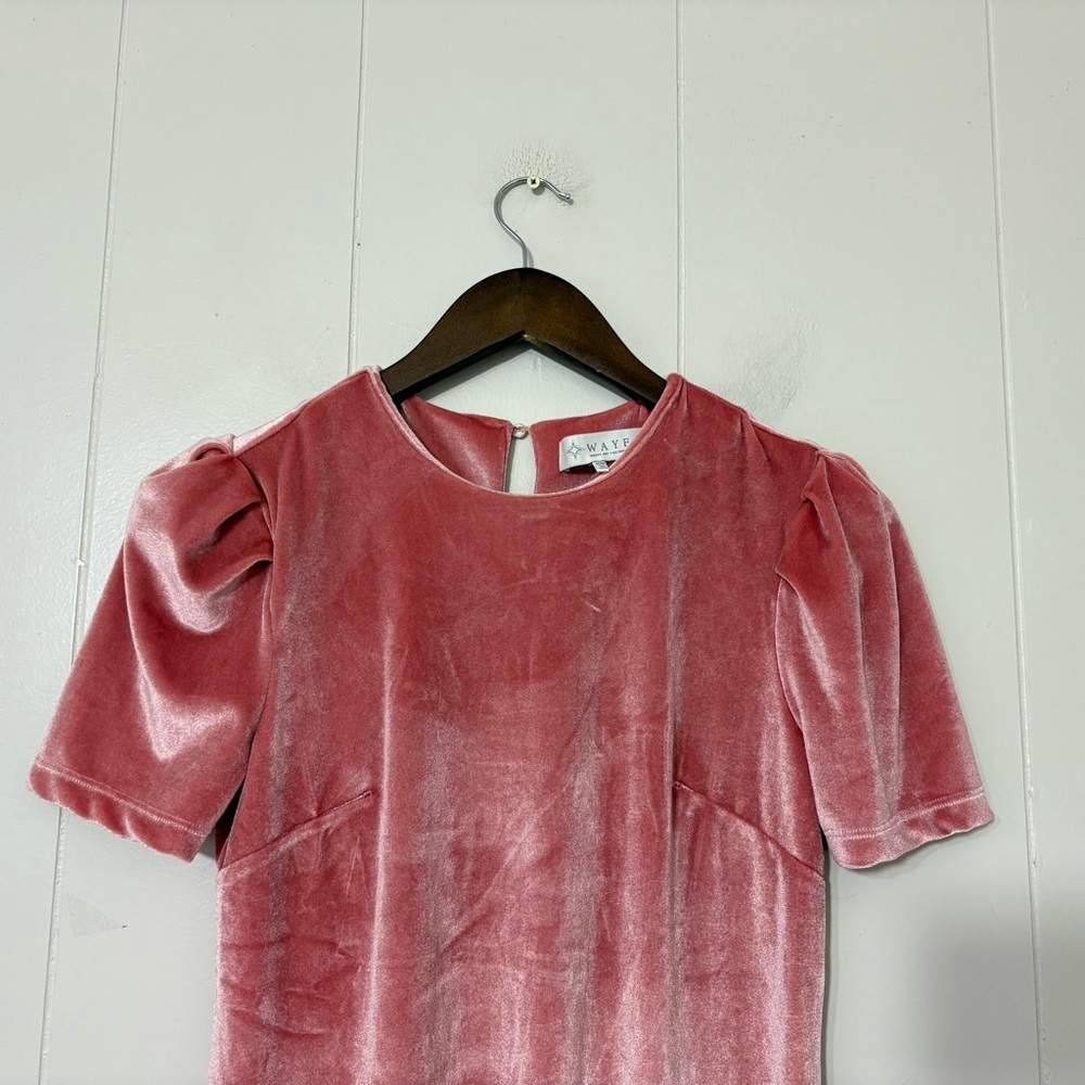 WAYF Pink Velvet Puff Sleeve Shift Mini Dress XS | Romantic Blush - Picture 2 of 11